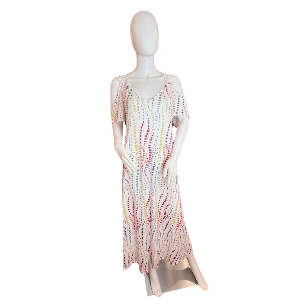 Boutique Dress XL White Colorful Boho Abstract Print Cold Shoulder Maxi Dress